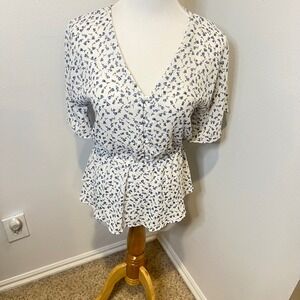Sienna Sky Women's White Blue Floral Print Peplum Blouse Top Size S